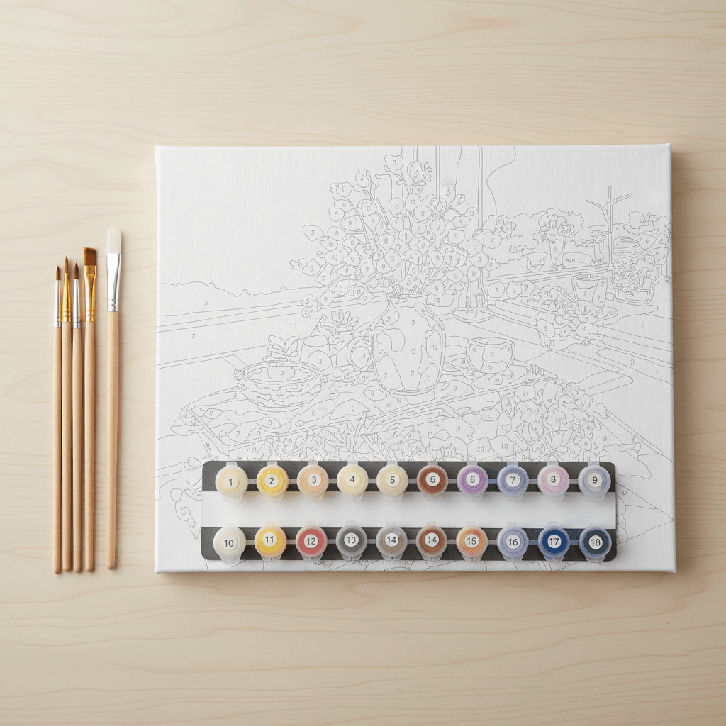 Leere Leinwand, die aus einer Schutzröhre abgerollt wird, neben Malutensilien