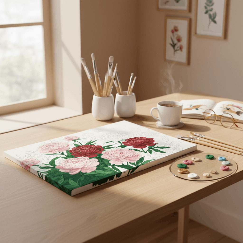 Ein hell erleuchteter Schreibtisch in einem Kunststudio, der eine teilweise bemalte Leinwand mit Acrylfarben und Pinseln zeigt