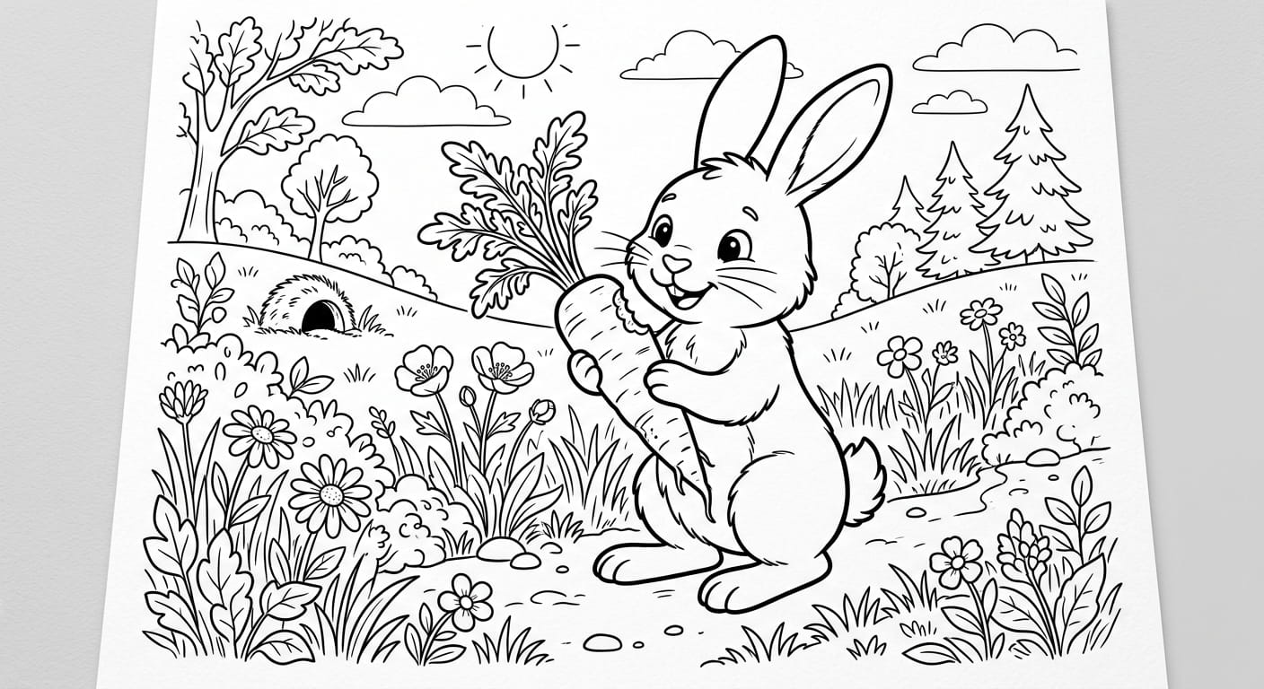 Ausmalbild Hase mit Karotte 2026 – kostenlose Malvorlage für Kinder